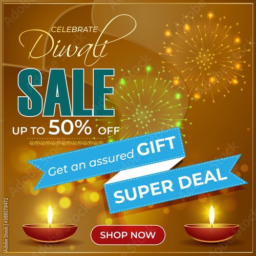 Diwali Festive Season Sale banner, up to 50% cashback. Limited offer Dipawali, Indian festival, diya lamp, oil lamp, get an assured gift, vector illustration offer banner, advertisement