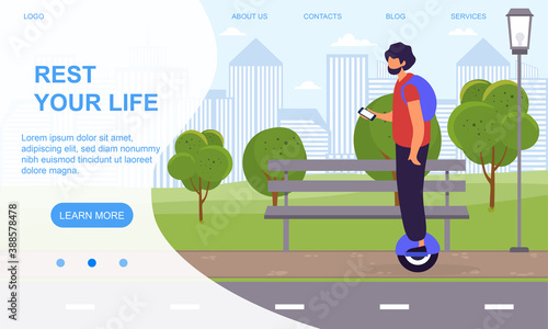 Man riding on electric unicycle. Concept of ecological transportation in modern city. Hipster man in green park. Flat cartoon vector illustration. Website, web page or landing page template