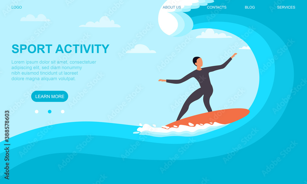 Young sportswoman surfing in sea or ocean. Sport activity concept. Internet and mobile website. Landing page or web page template. Easy to edit and customize. Flat cartoon vector illustration - obrazy, fototapety, plakaty 