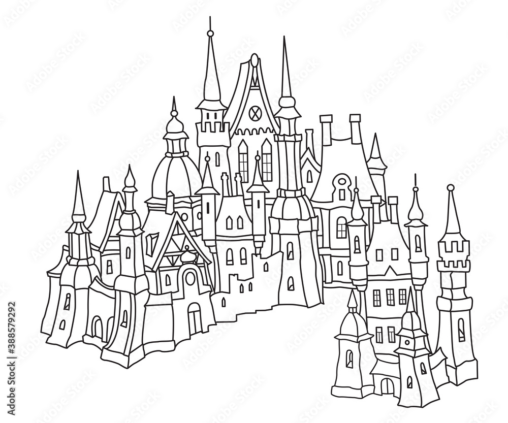 Fantasy Black and white urban landscape. Fairy tale medieval castle with and small ancient town street, houses. Adults and children coloring book page, tee-shirt print, post card 
