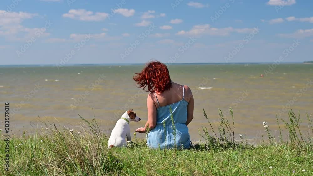 Rear view of a sitting woman on the river bank with a dog. Girls spend weekends in nature with a pet. Rear view of a sitting woman on the river bank with a dog. Girls spend weekends in nature with a pet.