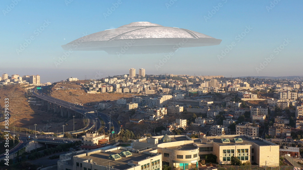 3d rendering, Ufo flying saucer over Jerusalem- Aerial view