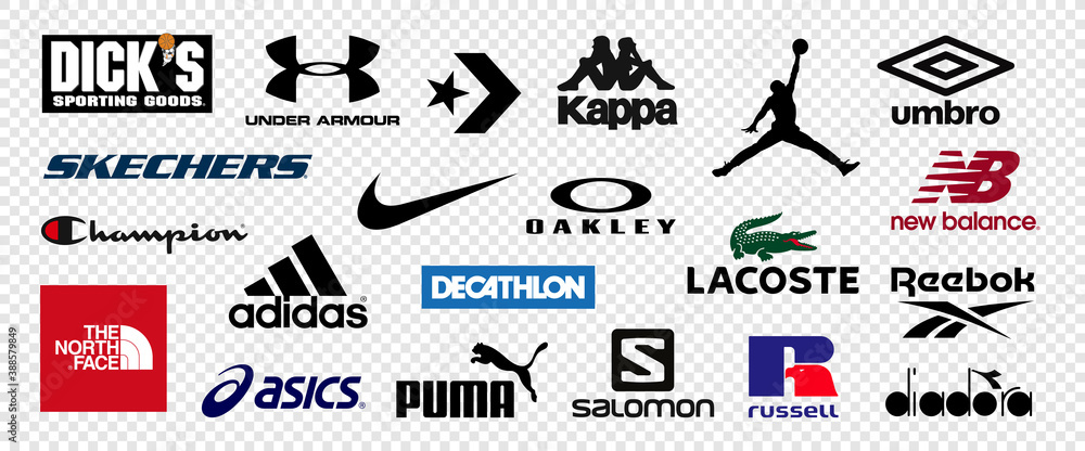 Top 10 logos of popular sportswear brands. Logo Nike, Adidas, Under Armour,  DKS, Puma, Sketchers, Columbia Sportswear, ASICS, The North Face, Converse.  Vector illustration Stock Vector