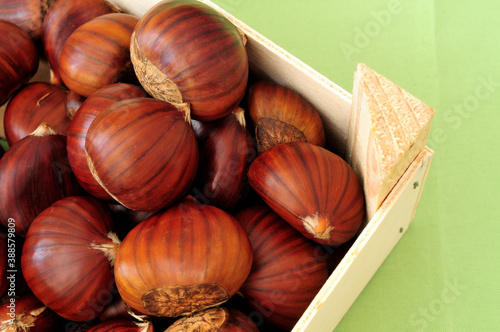 chestnuts in a box close up on a typical autumn fruit