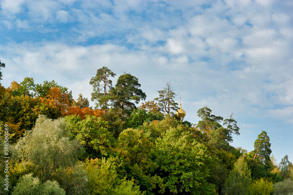 The dome of the church among the forest landscape in autumn. Trees in autumn colors