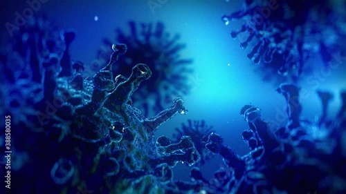 This stock motion graphic features several viruses in blue.