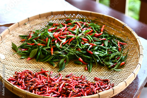 Close up of dried red hot and fresh green chili for chili flakes process, Background or backdrop for Arian cuisine restaurant and spicy ingredient foods.