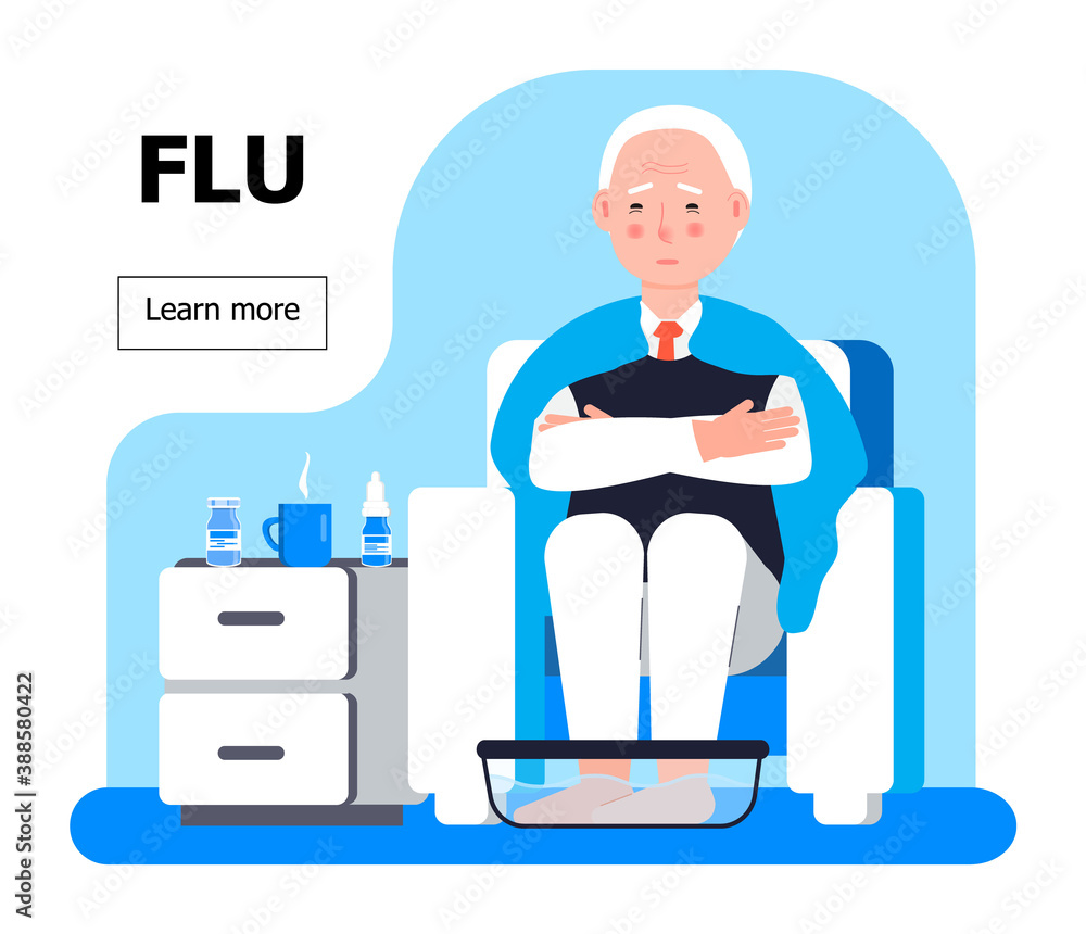 Flu concept vector. Senior man sitting on the armchair. Man warms his feet in the water. Cold, influenza of patient