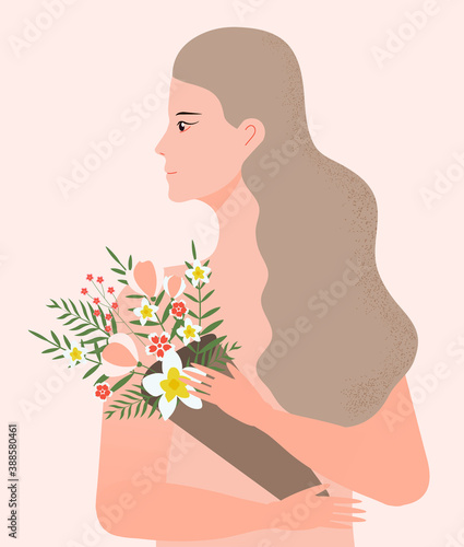 Silhouette girl profile concept vector. Woman with long hair and holding a bouquet of tropical flowers. Love yourself illustration. Valentine or woman s day invitation poster