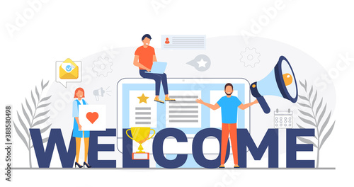 Welcome concept flat vector foe website. Happy tiny people are near huge text. Cartoon office teamwork and are greeting clients in online office, shop