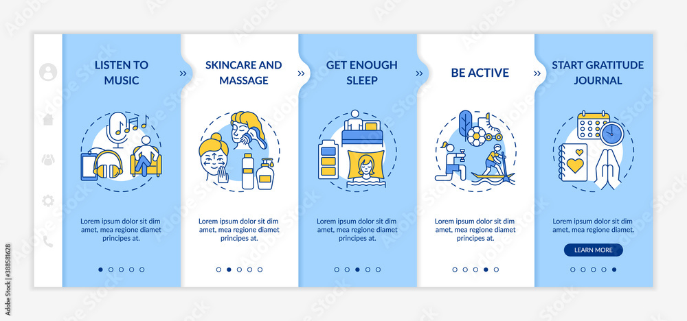 Self care practices onboarding vector template. Listen to favourite music. Skincare and massage. Responsive mobile website with icons. Webpage walkthrough step screens. RGB color concept
