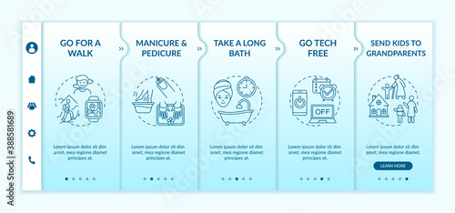 Me time ideas onboarding vector template. Turn off all phones and computers. Send kids to grandparents. Responsive mobile website with icons. Webpage walkthrough step screens. RGB color concept