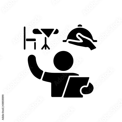 Restaurant host black glyph icon. Hostess job. Greeting customers at restaurant. Eating and drinking establishments. Menu. Silhouette symbol on white space. Vector isolated illustration