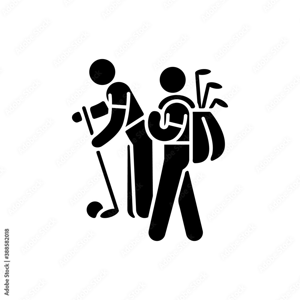 Caddy black glyph icon. Providing support to professional golf players. Caddie-master. Ensuring companionship. Carrying players bag. Silhouette symbol on white space. Vector isolated illustration Caddy black glyph icon. Providing support to professional golf players. Caddie-master. Ensuring companionship. Carrying players bag. Silhouette symbol on white space. Vector isolated illustration
