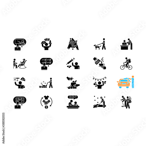 Teenager work experience black glyph icons set on white space. Barista. Golf caddy. Camp counselor. Car washer. Dog walker. Reseller. Dishwasher. Silhouette symbols. Vector isolated illustration