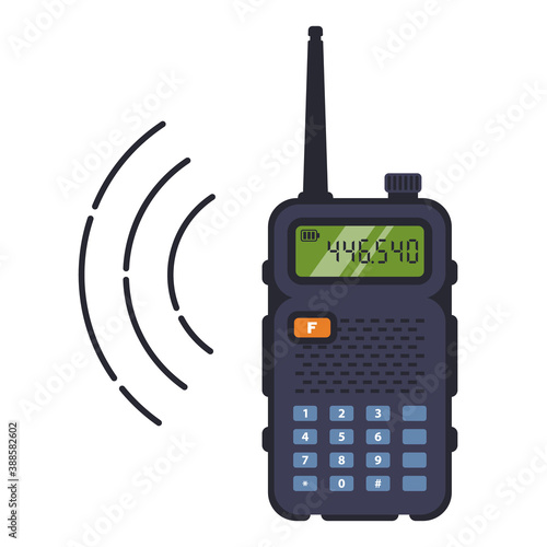 black walkie-talkie with antenna for communication over a distance. catch the signal from the radio. flat vector illustration isolated on white background