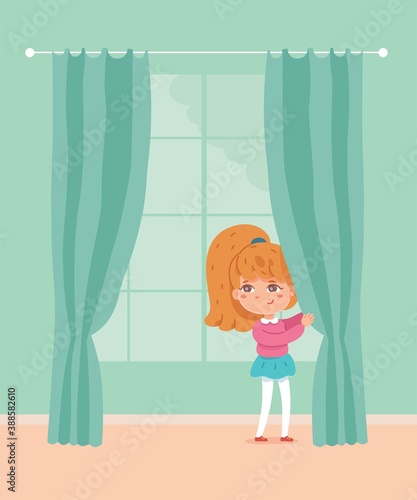 Little girl hiding behind curtain in room. Playing hide and seek with friends at home vector illustration. Kid peeking from curtain at window, fun childhood game and cheerful pastime