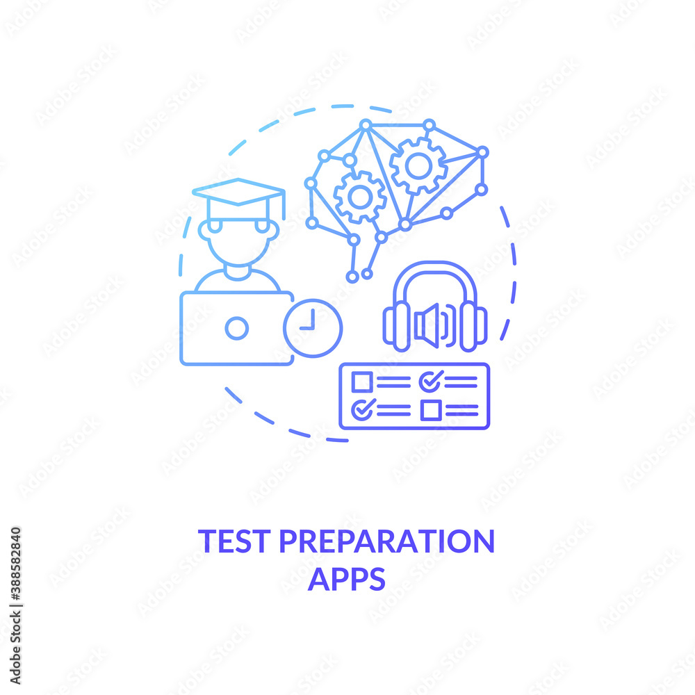 Test preparation apps concept icon. Future school exams way of learning. Smart learning systems. AI in education idea thin line illustration. Vector isolated outline RGB color drawing