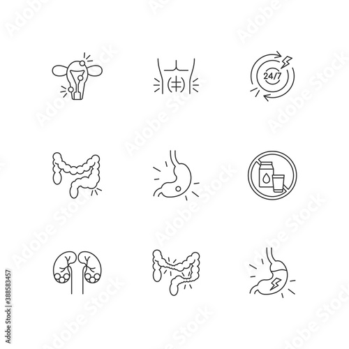 Abdominal pain linear icons set. Endometriosis. Abdominal muscle strain. Constipation. Gastritis. Customizable thin line contour symbols. Isolated vector outline illustrations. Editable stroke