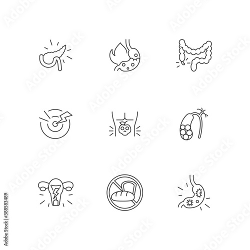 Pain in belly linear icons set. Pancreatitis. Burning sensation in belly. Appendicitis. Food poisoning. Customizable thin line contour symbols. Isolated vector outline illustrations. Editable stroke