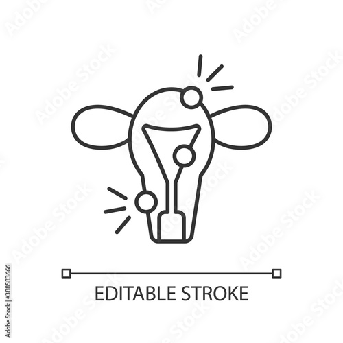 Endometriosis linear icon. Painful disorder. Endometrium. Ovaries, fallopian tubes. Dysmenorrhea. Thin line customizable illustration. Contour symbol. Vector isolated outline drawing. Editable stroke