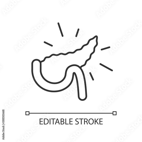 Pancreatitis linear icon. Stomach disease. Pathologic pancreas inflammation. Large gland. Thin line customizable illustration. Contour symbol. Vector isolated outline drawing. Editable stroke