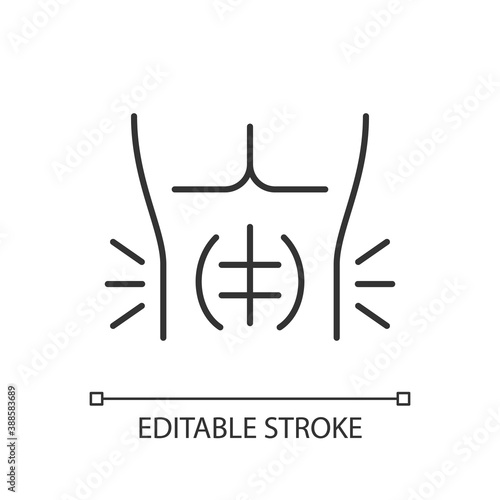 Abdominal muscle strain linear icon. Full rupture. Mild stretch. Strengthening exercises. Thin line customizable illustration. Contour symbol. Vector isolated outline drawing. Editable stroke