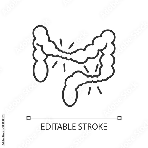 Irritable bowel syndrome linear icon. Large intestine. Cramping. Abdominal pain. IBS. Thin line customizable illustration. Contour symbol. Vector isolated outline drawing. Editable stroke