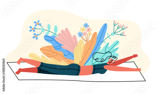 Vector illustration of woman performing exercise for back, arms and thighs. Concept healthy lifestyle, Pilates, warm up at home. It can be used in web design, banners, etc.