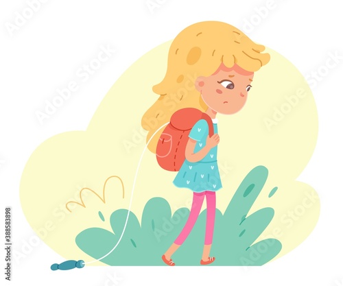 Sad little girl with backpack goes to school. Tired schoolgirl goes home from lessons. Vector character illustration of elementary children education  stress day at school  study problems  childhood.