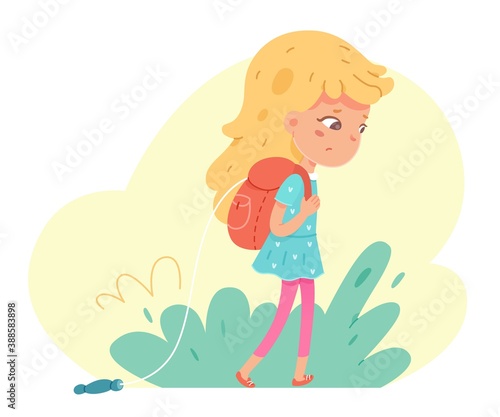 Sad little girl with backpack goes to school. Tired schoolgirl goes home from lessons. Vector character illustration of elementary children education, stress day at school, study problems, childhood.