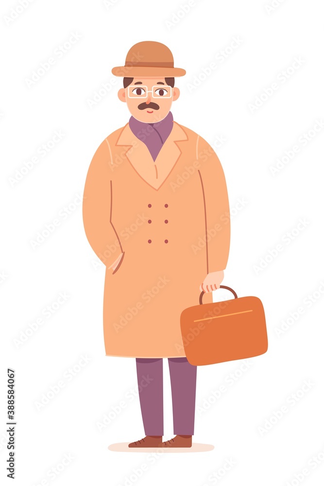 Man standing in autumn clothes. Front view of handsome male worker in casual fall coat, scarf and hat with hands in pockets on white background. People fashion vector illustration