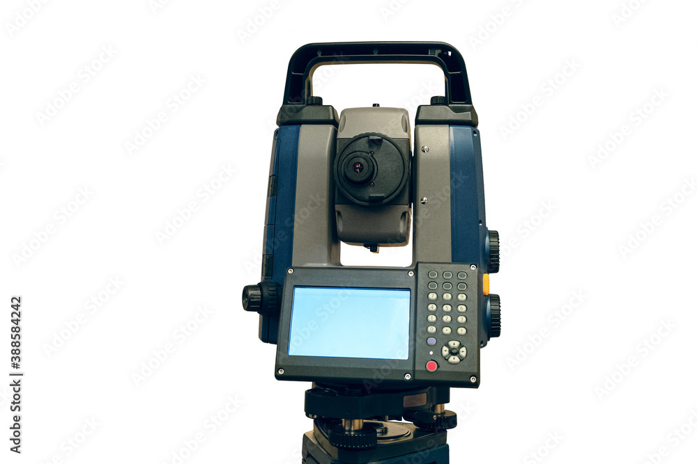 Total station isolated on white background. Electronic total station - modern geodetic instrument for measuring distances, horizontal and vertical angles. Front view. Total station isolated on white background. Electronic total station - modern geodetic instrument for measuring distances, horizontal and vertical angles. Front view.