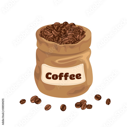 Coffee beans in bag isolated on white background. Vector cartoon flat illustration.