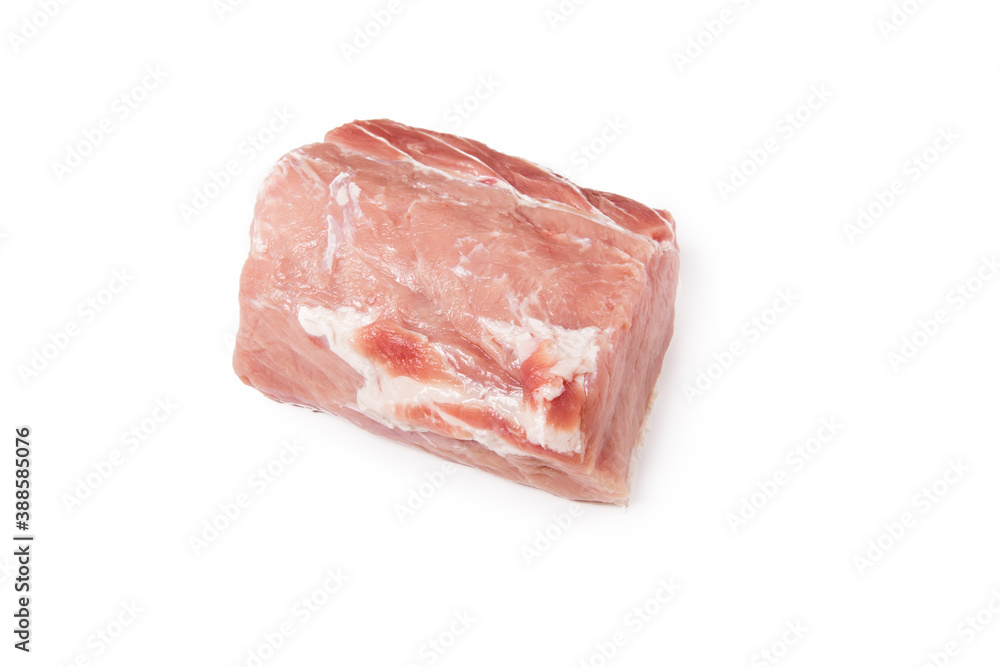 Raw pork meat isolated on white background. Whole piece of meat. Flat lay, top view Raw pork meat isolated on white background. Whole piece of meat. Flat lay, top view