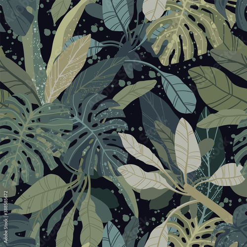 Seamless hand drawn tropical vector pattern with monstera and exotic palm leaves on dark background.