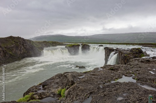 Famous Godafoss waterfall in Iceland during cloudy rainy weather