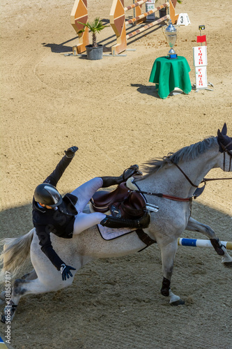Close Up of Horse Rider falling from the Horse during an Equestrian Competition after Jumped the Obstacle
