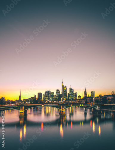 Germany Frankfurt am Main. River view in the evening or morning with great colors in the sky and backlit long exposure