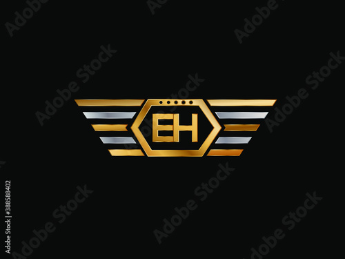 EH wing shape Initial logo letter design art logo, gold color on black background