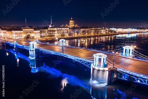 Saint Petersburg christmas. Russia in the winter evening. Panorama of night Saint Petersburg. Bird's eye view of the Palace Bridge. Christmas panorama of Russia. Saint petersburg in new year.