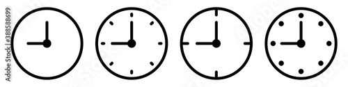 Outline clock icons set. Isolated watch symbol on white background. Thin wall clock in black color  with minute and hour arrow. Chronometer silhouette in flat. Vector EPS 10.
