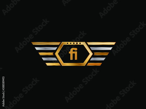FI wing shape Initial logo letter design art logo, gold color on black background