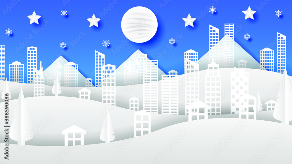 Abstract Winter Snowflake Paper Cut Background With Town City Mountains And Stars Vector