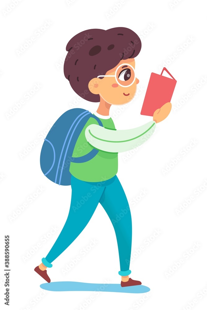 Boy reading book at school. Happy cute child in glasses with backpack walking with book, smiling. Education vector illustration. Fun time in education, kid going on white background Boy reading book at school. Happy cute child in glasses with backpack walking with book, smiling. Education vector illustration. Fun time in education, kid going on white background