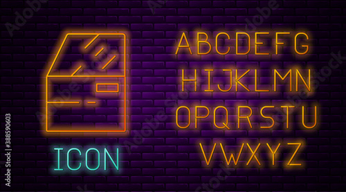 Glowing neon line Car door icon isolated on brick wall background. Neon light alphabet. Vector.