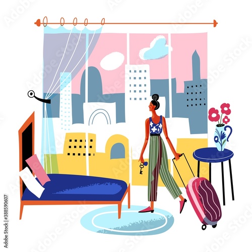 Woman standing at hotel room. Girl looking out window with bags and luggage on bed and floor. Happy holiday vacation vector illustration. People staying at modern hotel with view on city