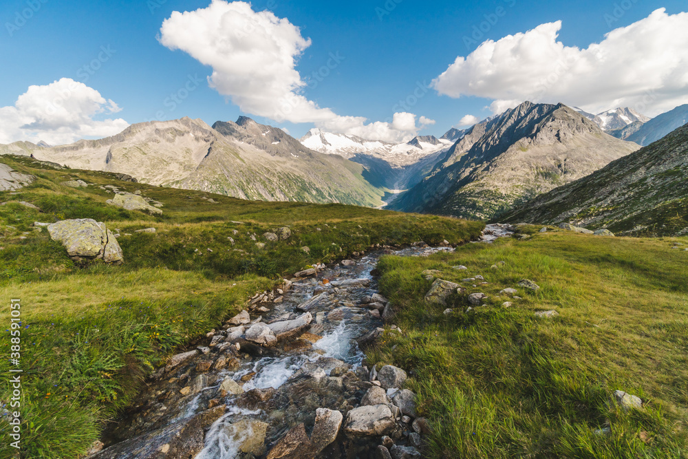 Beautiful view of Lake Schlegeis in the Austrian Alps during the summer, touristic vacation destination in Europe Beautiful view of Lake Schlegeis in the Austrian Alps during the summer, touristic vacation destination in Europe