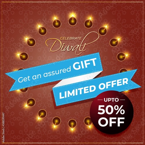 Diwali Festive Season Sale banner, up to 50% cashback. Limited offer Dipawali, Indian festival, diya lamp, oil lamp, get an assured gift, vector illustration offer banner, advertisement