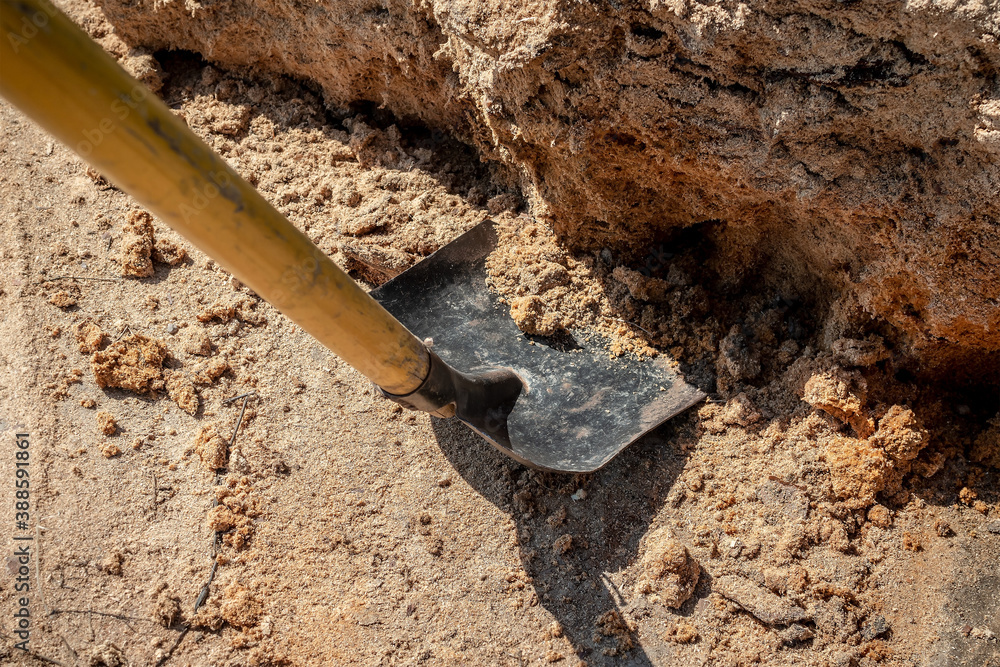 Cleaning up a pile of sawdust with a shovel. Excavation of sawdust